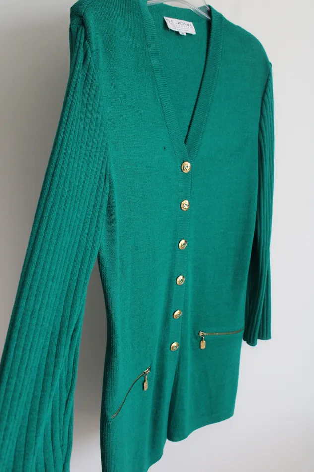 Earrings St John St John Collection By Marie Gray Green Knit Long Cardigan 10