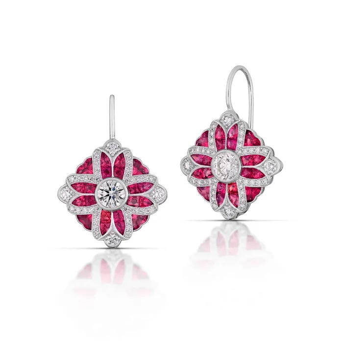 Earrings Stephen Silver Fine Jewelers 065 Carat Art Deco Style Diamond Ruby Earrings