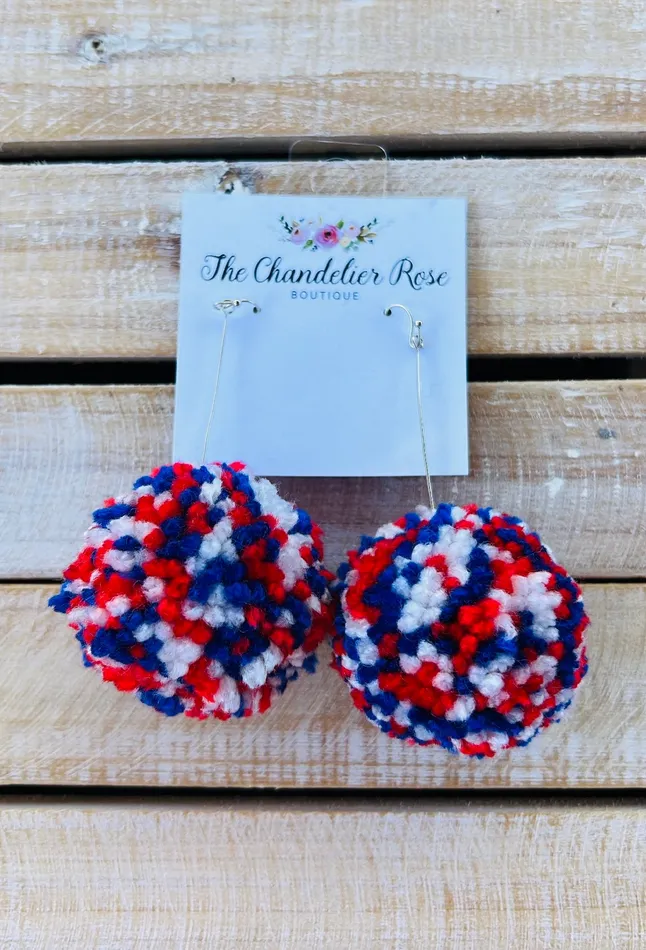 Earrings The Chandelier Rose Boutique LARGE POM POM EARRINGS RED WHITE AND BLUE Earrings The Chandelier Rose Boutique LARGE POM POM EARRINGS RED WHITE AND BLUE