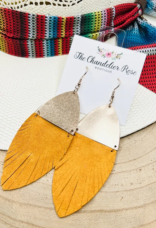 Earrings The Chandelier Rose Boutique MUSTARD FEATHER EARRING WITH GOLD DANGLE Earrings The Chandelier Rose Boutique MUSTARD FEATHER EARRING WITH GOLD DANGLE