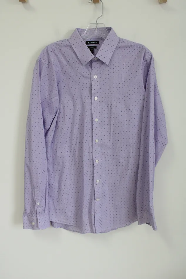 Express Extra Slim Purple Patterned Button Down Shirt L Express Earrings