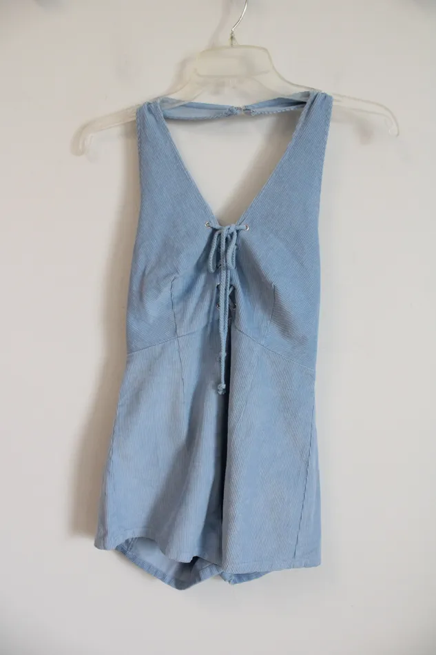 Forever 21 Necklaces Forever 21 Light Blue Corduroy Halter Neck Romper S