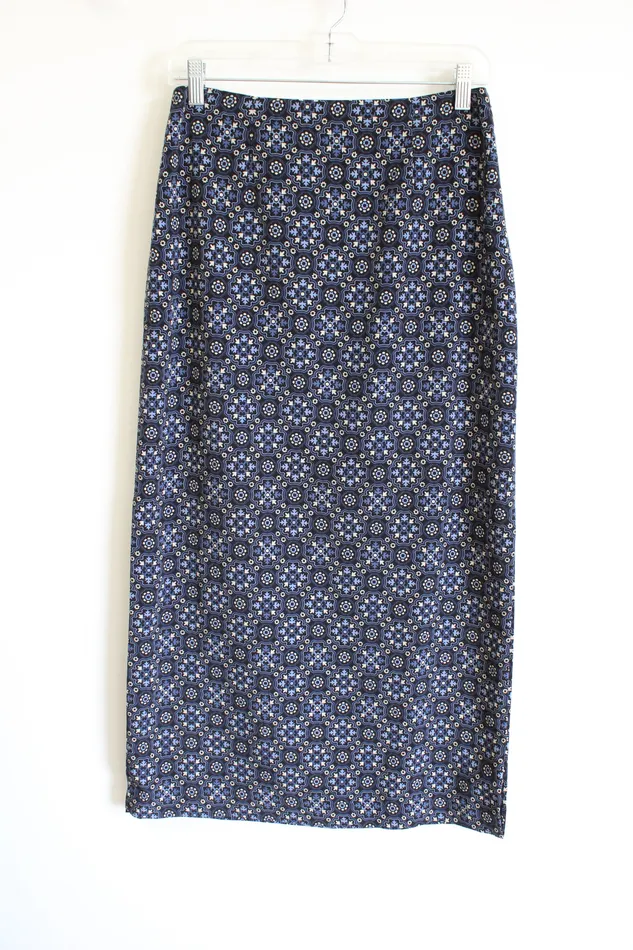 Geoffrey Beene Sport Vintage Blue Black Patterned Slitted Skirt 6 Geoffrey Beene Rings