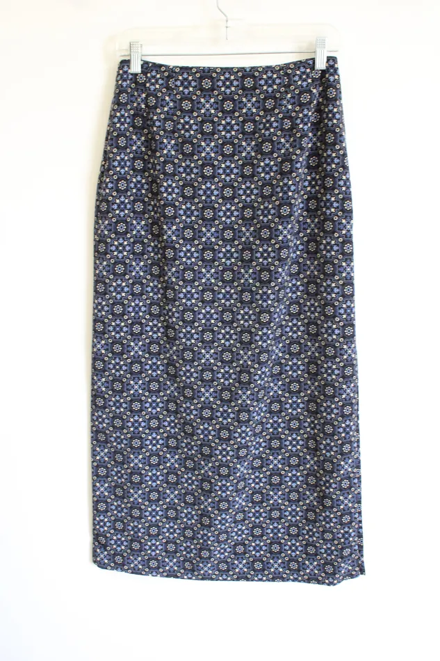 Geoffrey Beene Sport Vintage Blue Black Patterned Slitted Skirt 6 Geoffrey Beene Rings
