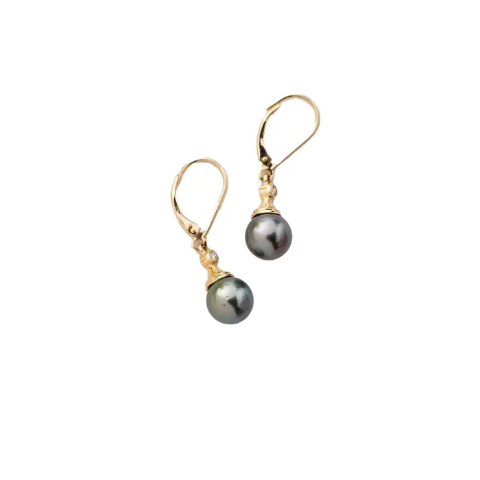 Island Fine Jewelry Earrings 14K Gold Black Pearl Earrings with Diamonds or Cubic Zirconia