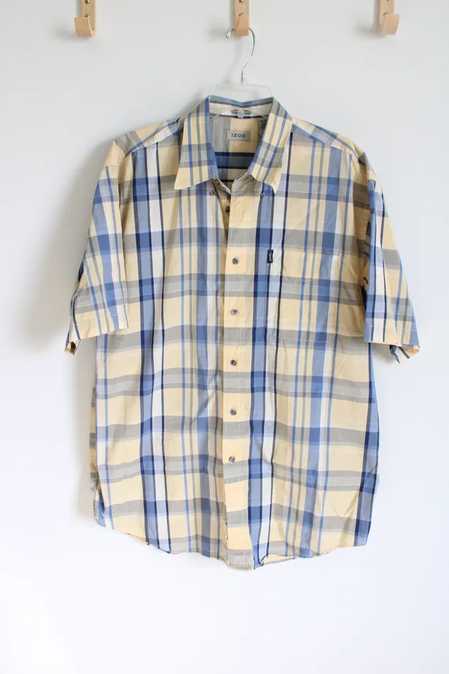 Izod Short Sleeved Yellow Blue Plaid Button Down Shirt L Izod Rings