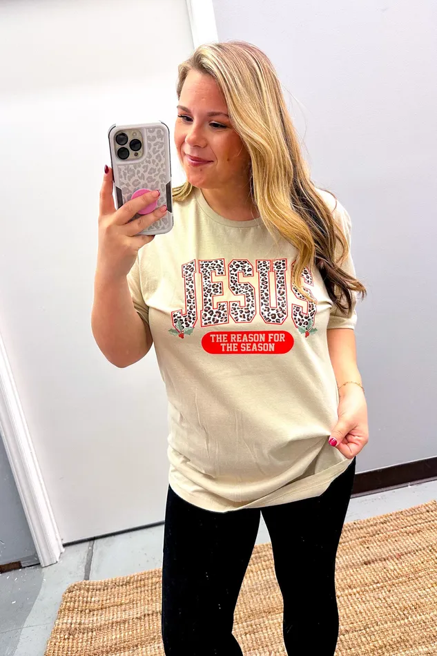 JL Franklins Earrings Leopard Jesus Is The Reason Graphic Tee Sand