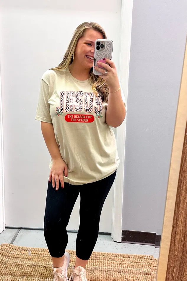 JL Franklins Earrings Leopard Jesus Is The Reason Graphic Tee Sand