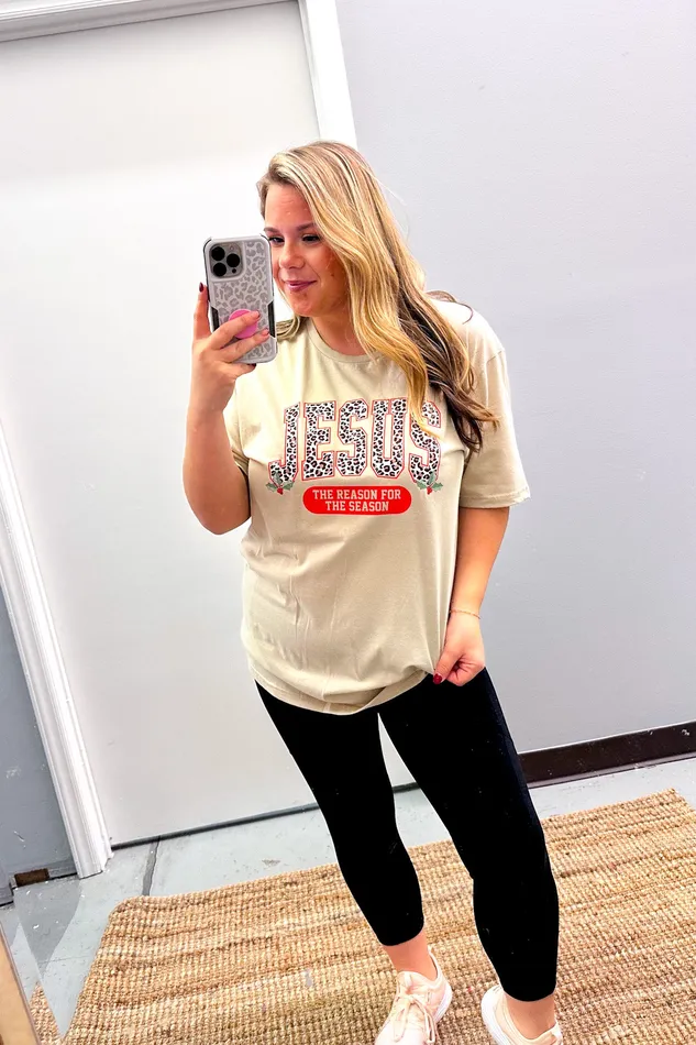 JL Franklins Earrings Leopard Jesus Is The Reason Graphic Tee Sand
