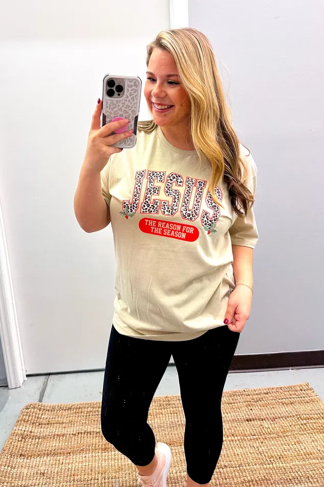 JL Franklins Earrings Leopard Jesus Is The Reason Graphic Tee Sand