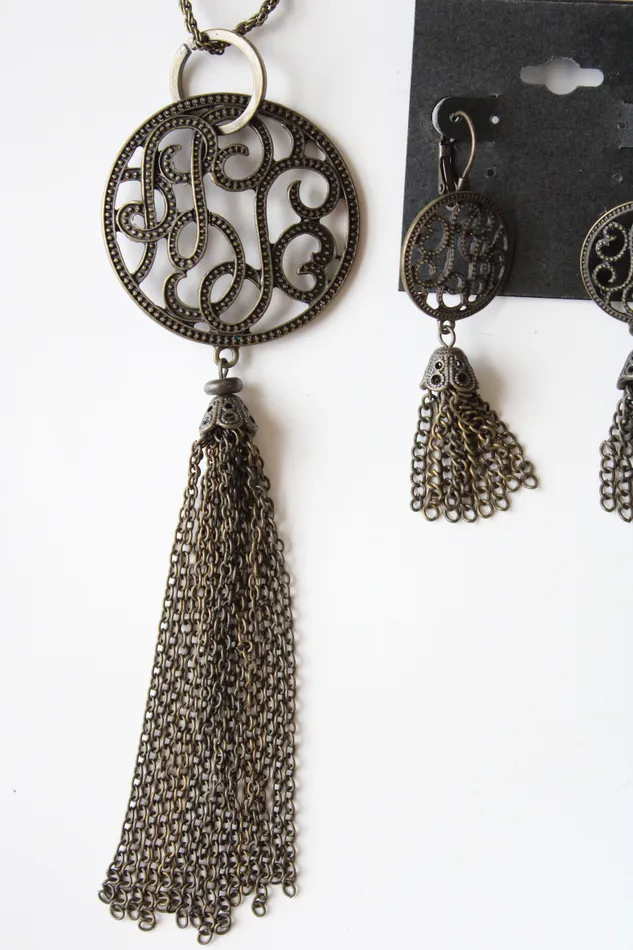 Jubilee Thrift Earrings Bronze Chain Tassel Medallion Necklace Earring Set