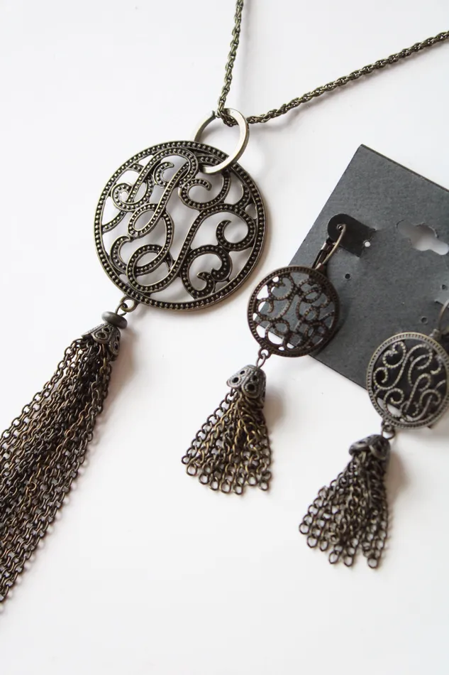 Jubilee Thrift Earrings Bronze Chain Tassel Medallion Necklace Earring Set