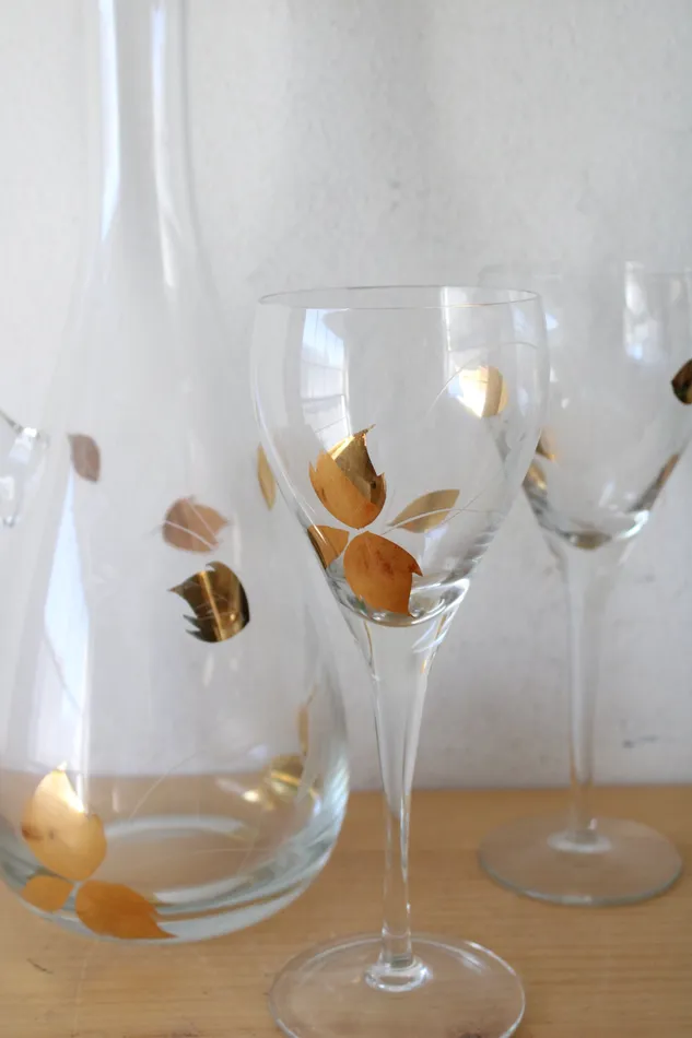 Jubilee Thrift Earrings Toscany Vintage Gold Etched Clear Glass Decanter Goblet Set