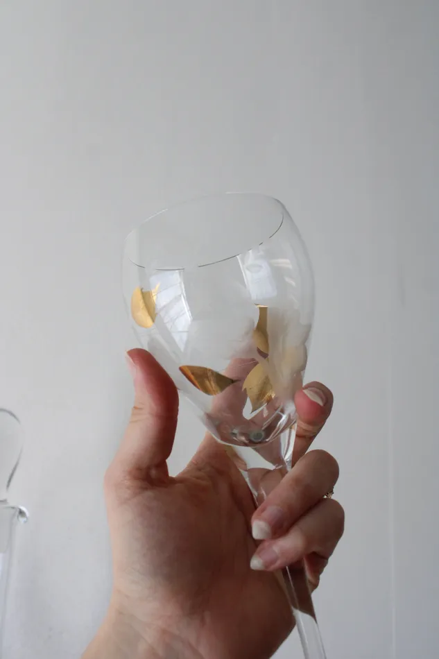 Jubilee Thrift Earrings Toscany Vintage Gold Etched Clear Glass Decanter Goblet Set
