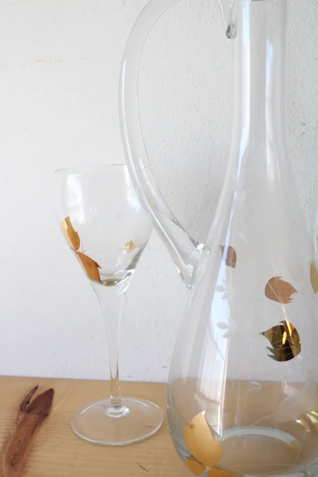 Jubilee Thrift Earrings Toscany Vintage Gold Etched Clear Glass Decanter Goblet Set
