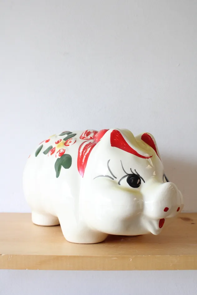 Jubilee Thrift Earrings Vintage Hand Painted Red Flower Bow Ceramic Piggy Bank Jubilee Thrift Earrings Vintage Hand Painted Red Flower Bow Ceramic Piggy Bank