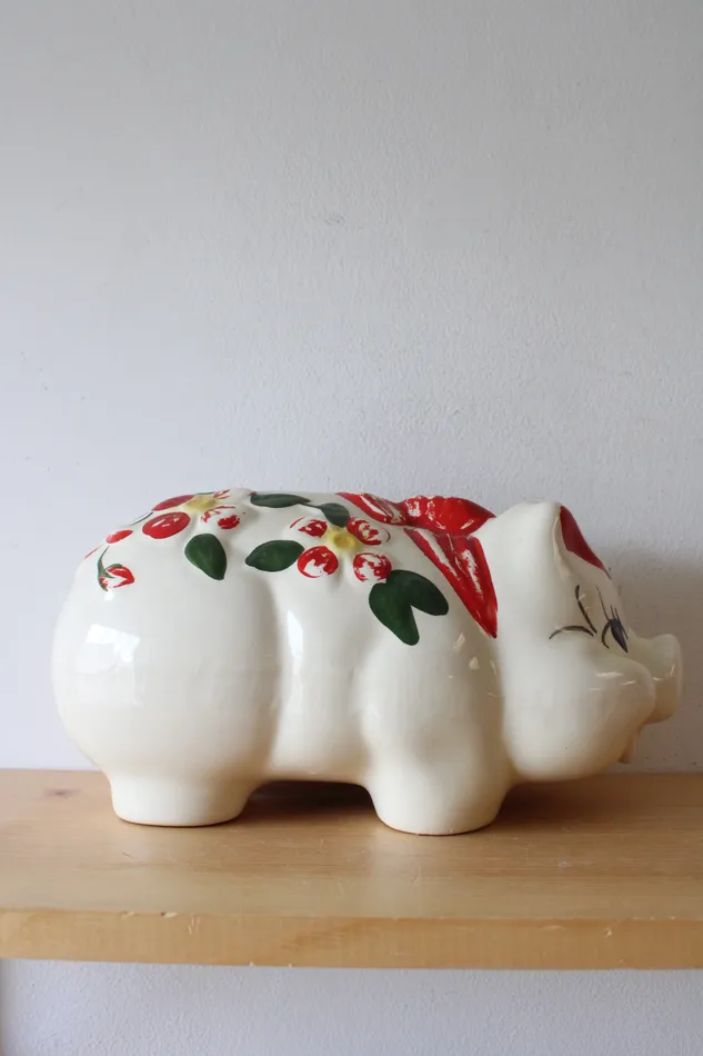 Jubilee Thrift Earrings Vintage Hand Painted Red Flower Bow Ceramic Piggy Bank
