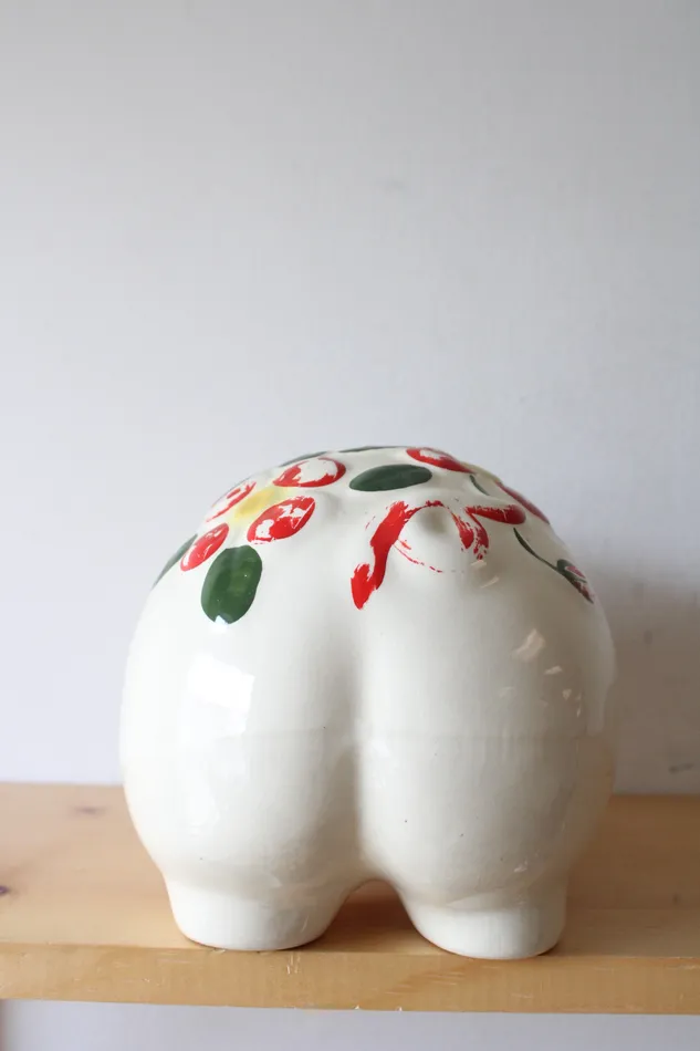Jubilee Thrift Earrings Vintage Hand Painted Red Flower Bow Ceramic Piggy Bank