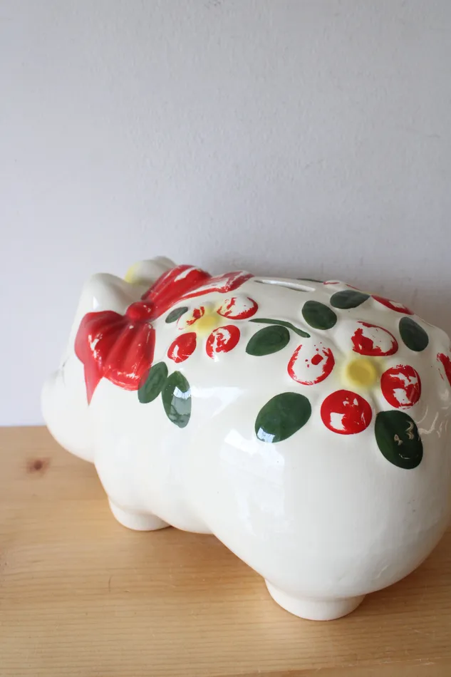 Jubilee Thrift Earrings Vintage Hand Painted Red Flower Bow Ceramic Piggy Bank