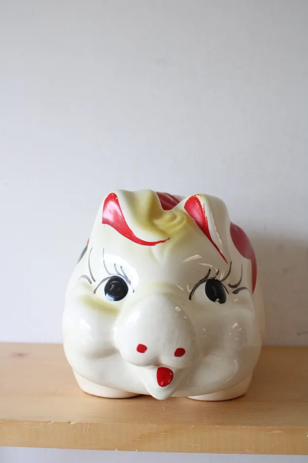 Jubilee Thrift Earrings Vintage Hand Painted Red Flower Bow Ceramic Piggy Bank