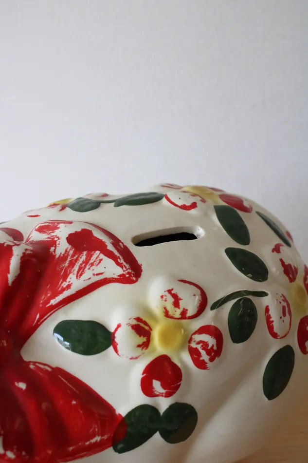 Jubilee Thrift Earrings Vintage Hand Painted Red Flower Bow Ceramic Piggy Bank