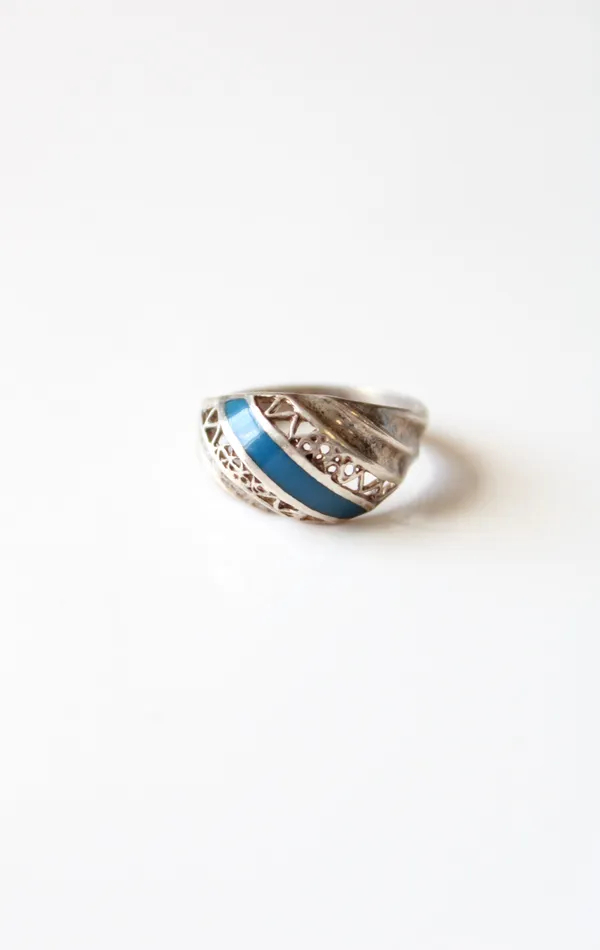 Jubilee Thrift Rings Dark Navy Blue Striped Sterling Silver Ring Size 9