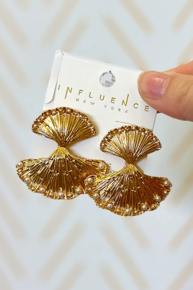 Judson Earrings Linked Metal Fan Coral Drop Earrings With Pearl Details Gold