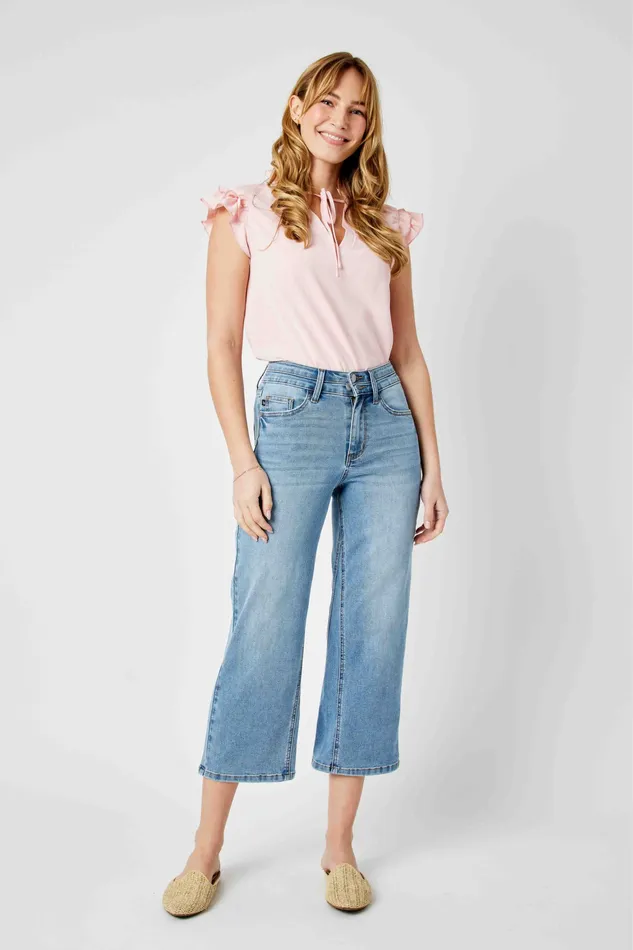 JUDY BLUE Rings JUDY BLUE HIGH WAIST DOUBLE WAISTBAND CROP WIDE LEG MEDIUM STONE