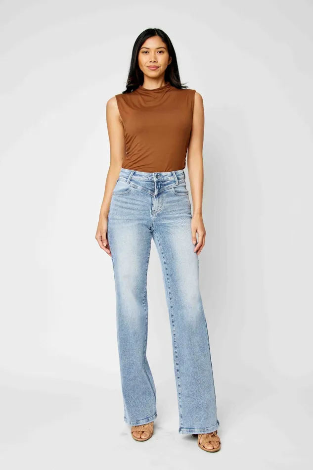 JUDY BLUE Rings JUDY BLUE HIGH WAIST FRONT YOKE RETRO WIDE LEG MEDIUM STONE