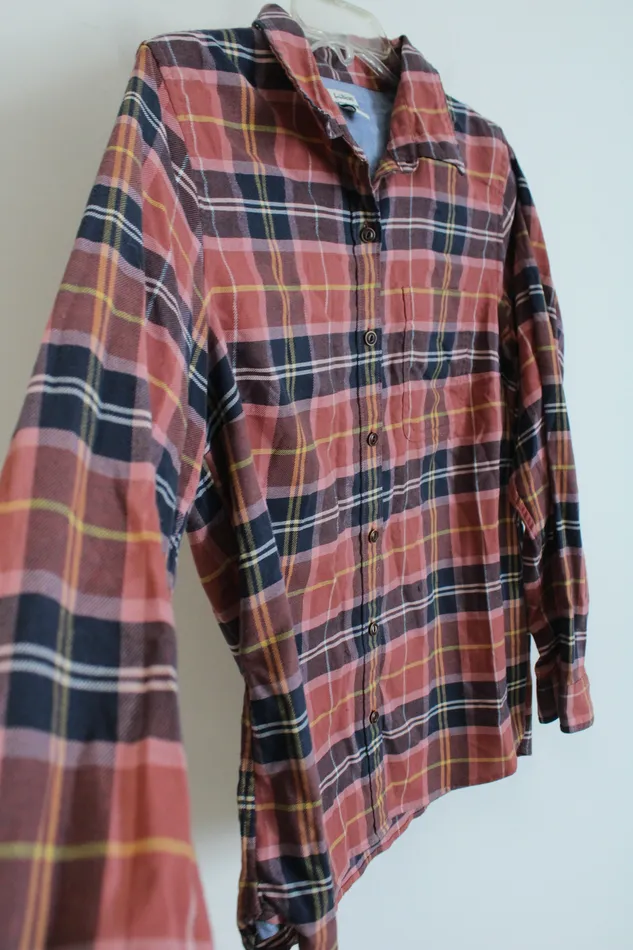 LL Bean Pink Plaid Button Down Shirt M LL Bean Earrings