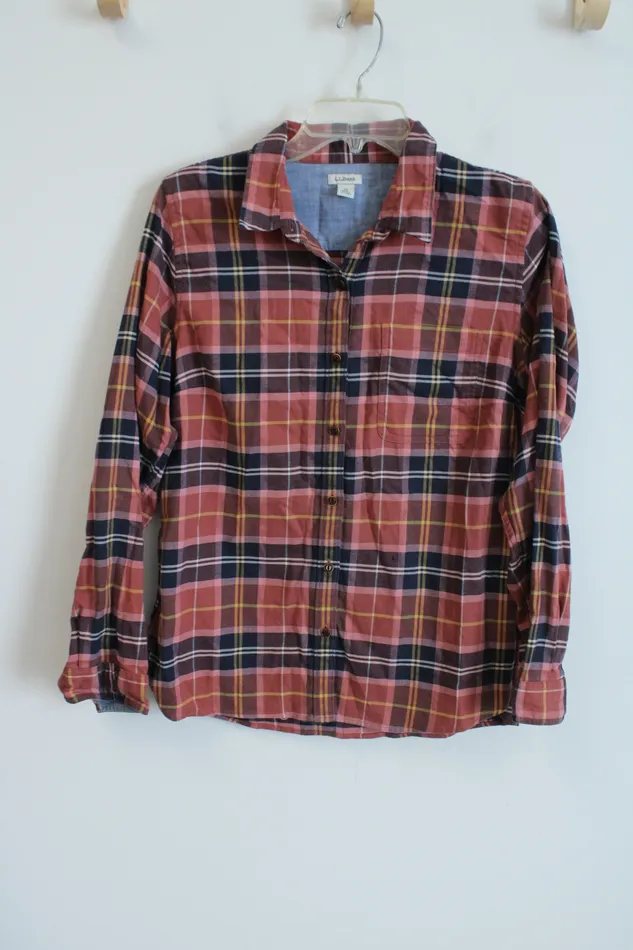 LL Bean Pink Plaid Button Down Shirt M LL Bean Earrings