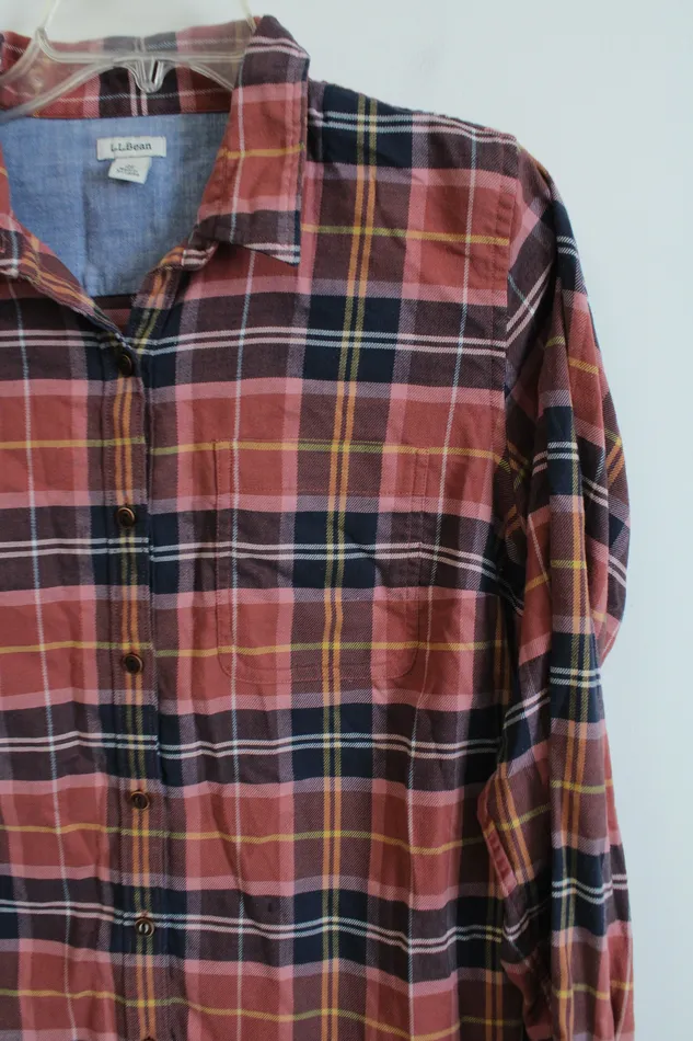 LL Bean Pink Plaid Button Down Shirt M LL Bean Earrings