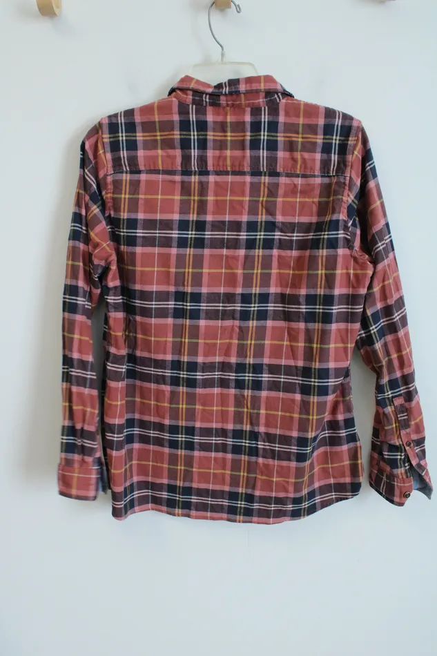 LL Bean Pink Plaid Button Down Shirt M LL Bean Earrings