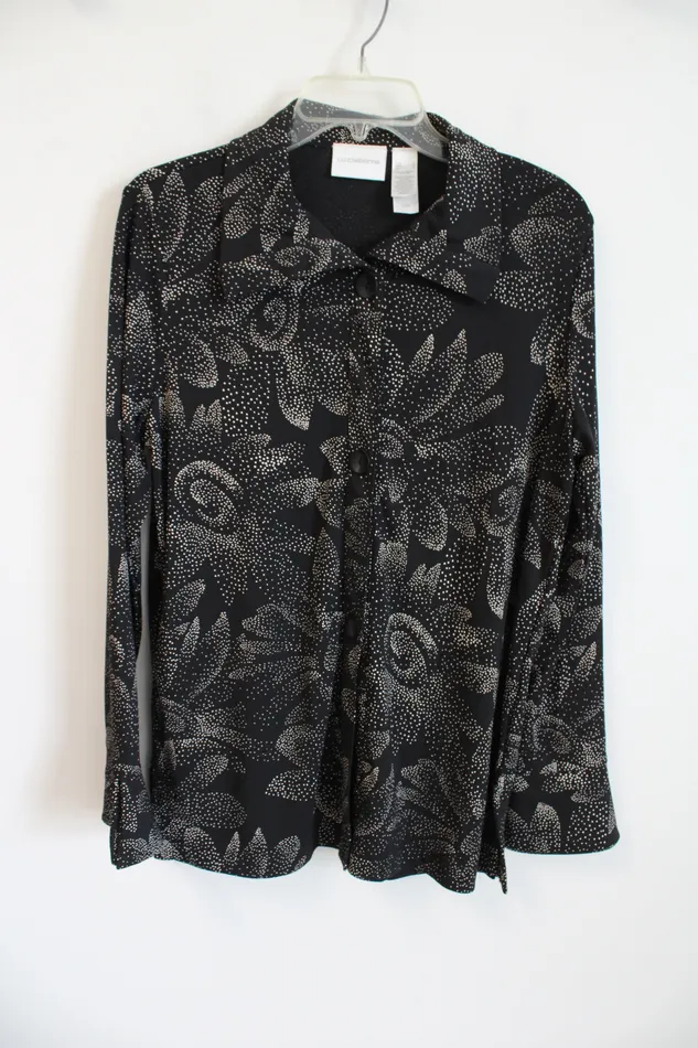 Liz Claiborne Rings Liz Claiborne Black Tan Floral Dotted Button Down Blouse L Liz Claiborne Rings Liz Claiborne Black Tan Floral Dotted Button Down Blouse L