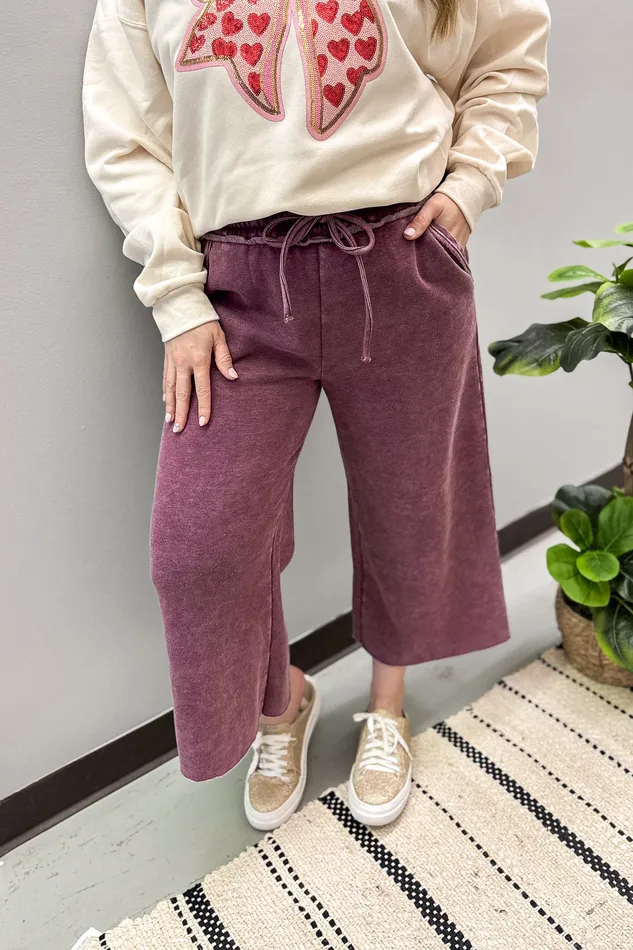 Lola Acid Wash Cropped Sweatpants Eggplant Zenana Earrings
