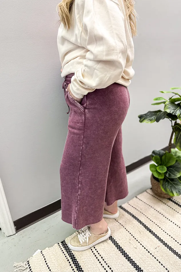 Lola Acid Wash Cropped Sweatpants Eggplant Zenana Earrings