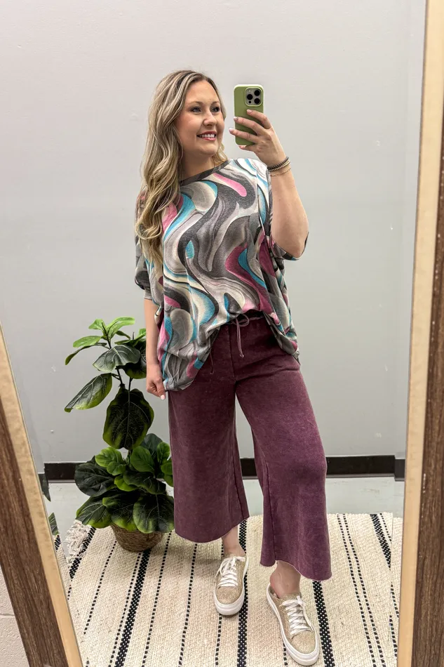 Lola Acid Wash Cropped Sweatpants Eggplant Zenana Earrings