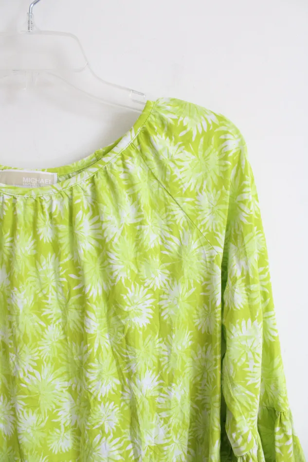 Michael Kors Michael Kors Lime Green Patterned Flare Sleeve Top M Earrings