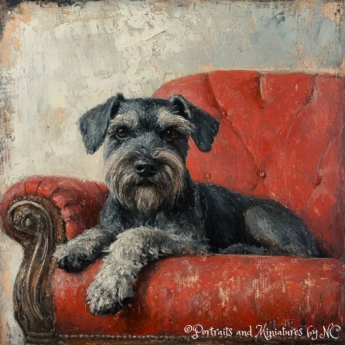 Miniature Schnauzer on Red Sofa Commissioned Oil Portrait Portraits by NC Earrings