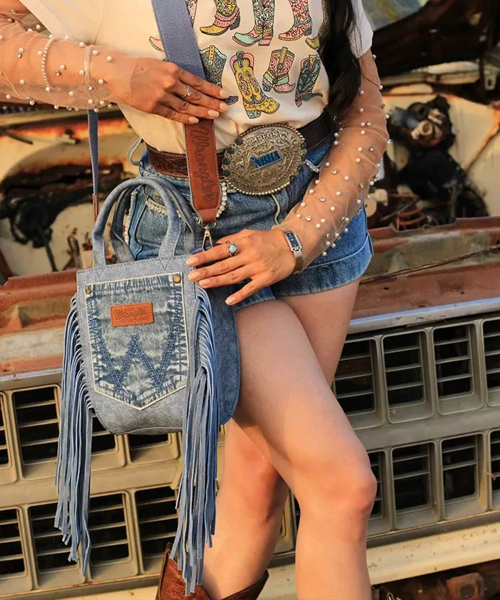 MONTANA WEST Rings WRANGLER DENIM POCKET FRINGE CROSSBODY TOTE BLUE