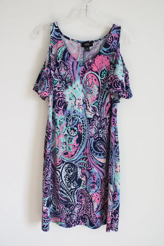 MSK Purple Paisley Cold Shoulder Dress M MSK Earrings