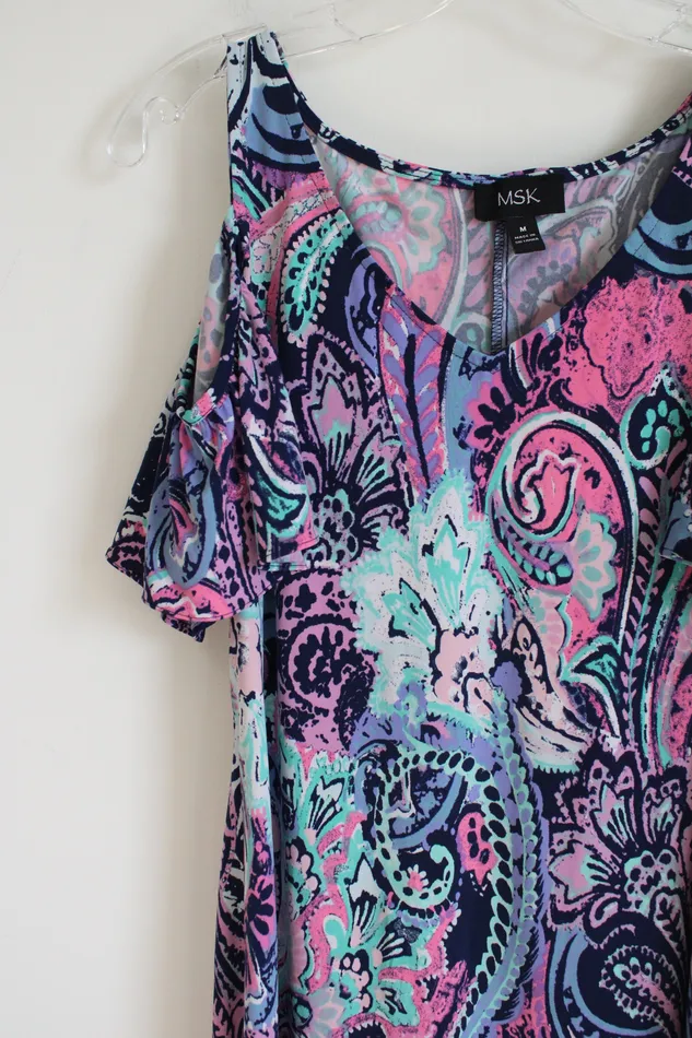 MSK Purple Paisley Cold Shoulder Dress M MSK Earrings