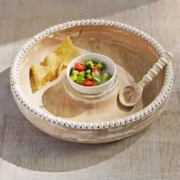 MUDPIE Earrings Mudpie Beaded Mango Wood Chip and Dip Bowl Set 3Piece
