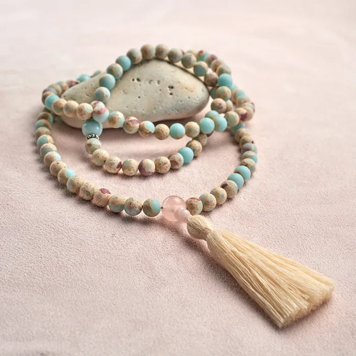 Necklaces Drukomalas Matte Aqua Terra Jasper and Amazonite Mala 108 beads