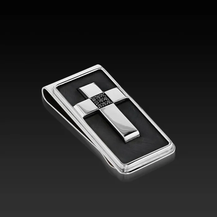 Necklaces John Atencio Mens Duplex Cross Money Clip with Black Diamonds