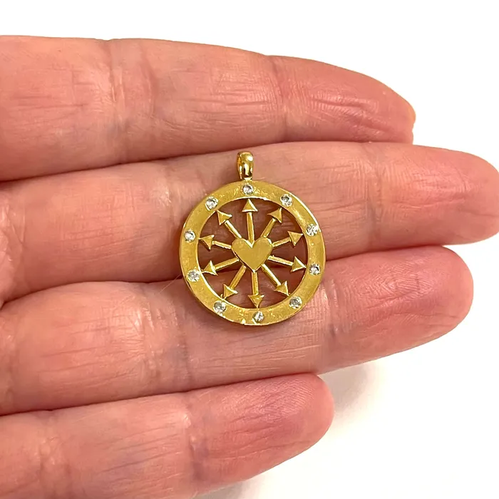 Necklaces Peppy Beads 24Kt Gold Plated CZ Micro Pave Compass Pendant With Heart Necklaces Peppy Beads 24Kt Gold Plated CZ Micro Pave Compass Pendant With Heart