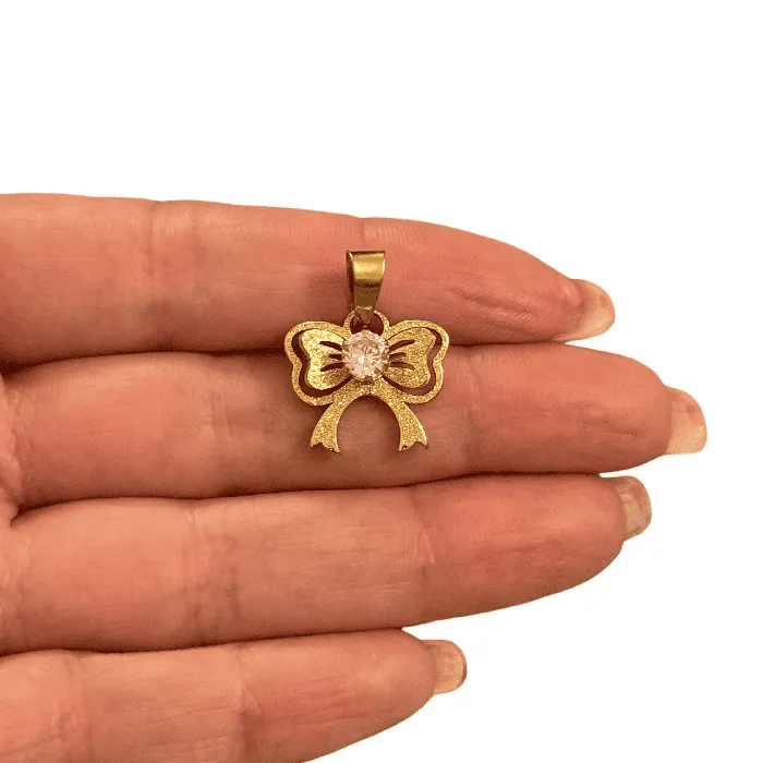 Necklaces Peppy Beads Waterproof Stainless Steel Gold Bow Pendant with CZ Center and Attached Bail Necklaces Peppy Beads Waterproof Stainless Steel Gold Bow Pendant with CZ Center and Attached Bail