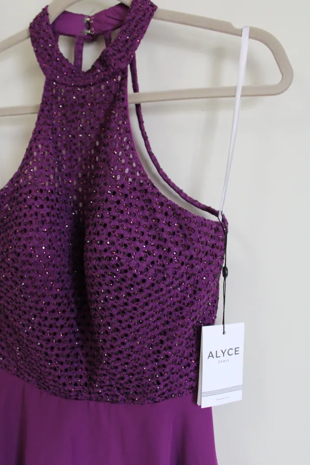 NEW Alyce Paris Purple Plum Chiffon 2652 Dress 6 Alyce Earrings