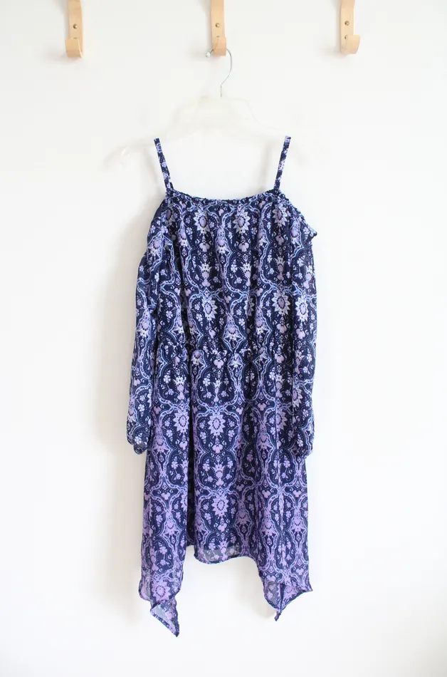 NEW Childrens Place Blue Purple Patterned Cold Shoulder Dress Youth XL 14 Childrens Place Earrings NEW Childrens Place Blue Purple Patterned Cold Shoulder Dress Youth XL 14 Childrens Place Earrings