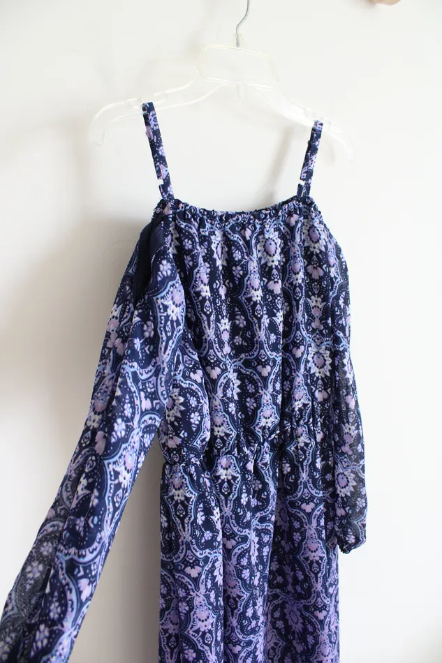 NEW Childrens Place Blue Purple Patterned Cold Shoulder Dress Youth XL 14 Childrens Place Earrings